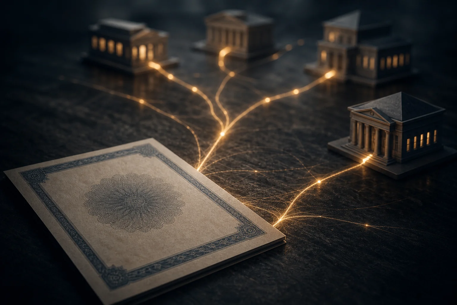A bond certificate lies beside several small bank buildings linked by glowing lines on a dark surface.