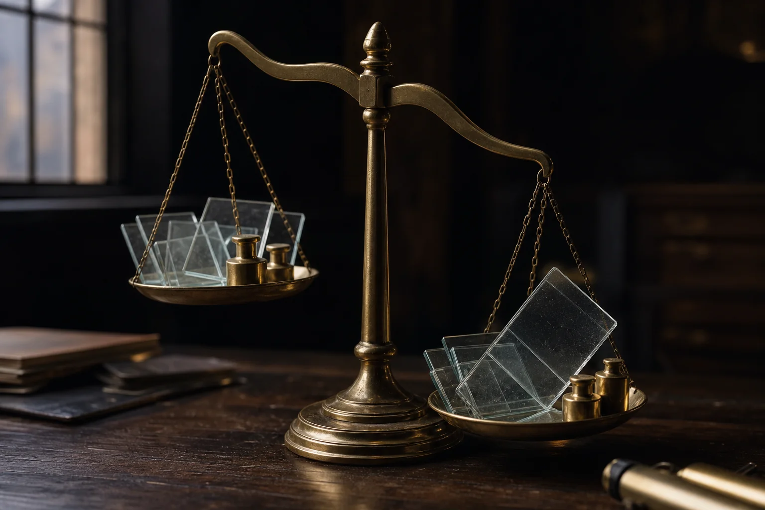 Brass balance scale with glass plates and weights on a dark wooden desk.