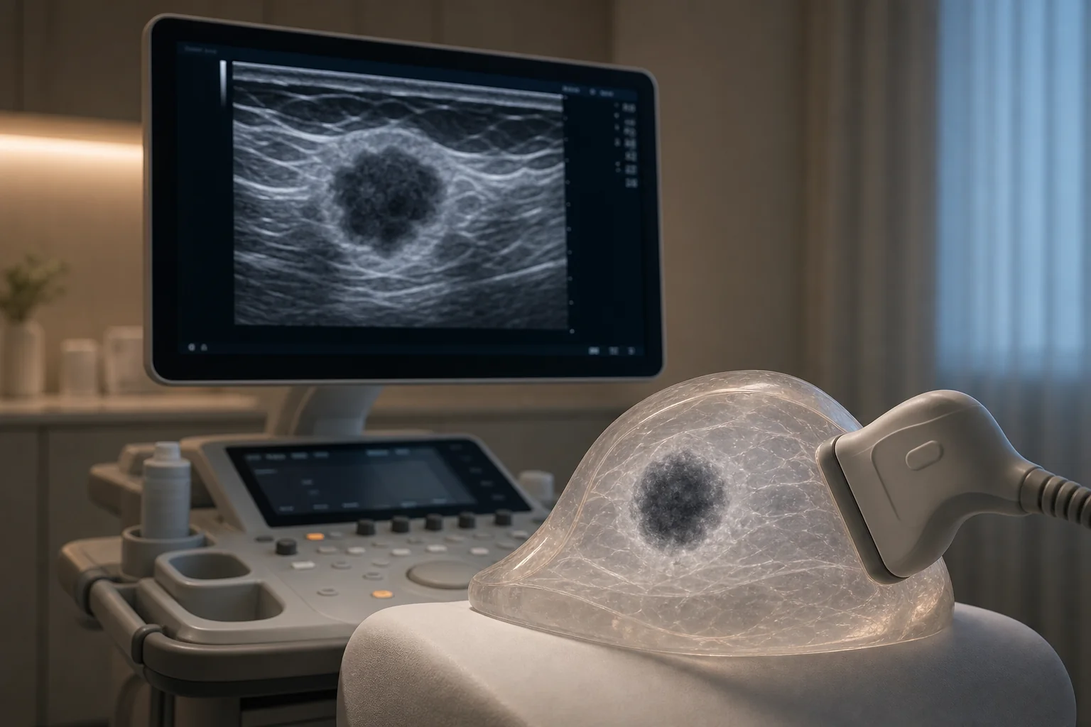 Ultrasound machine displays a breast scan while a probe rests on a translucent breast model in a softly lit room.