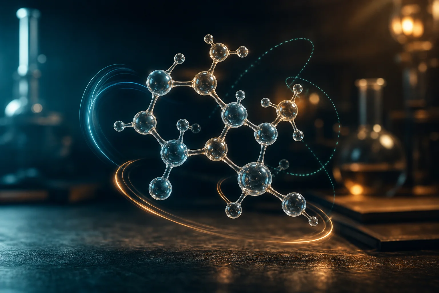A glossy ball-and-stick molecular model floats in a dark lab-like setting with glowing orbiting arcs.