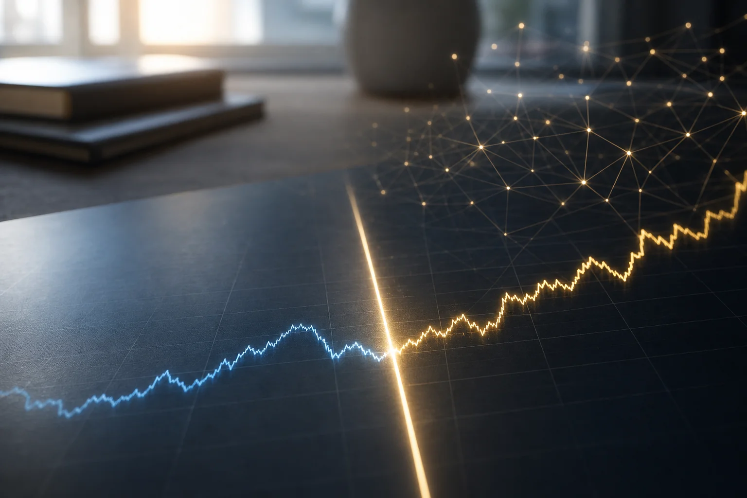 A glowing price chart crosses a dark screen with a bright vertical barrier line and network-like nodes.