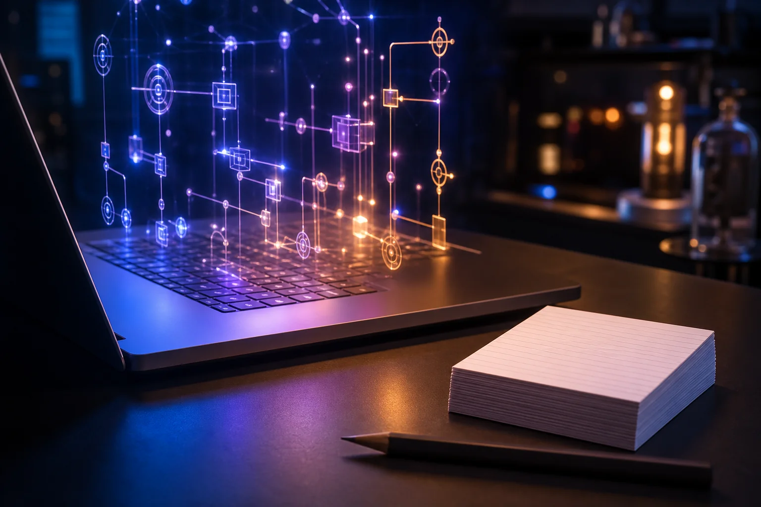 A laptop with glowing circuit-like graphics above the keyboard, beside a stack of index cards on a dark desk.