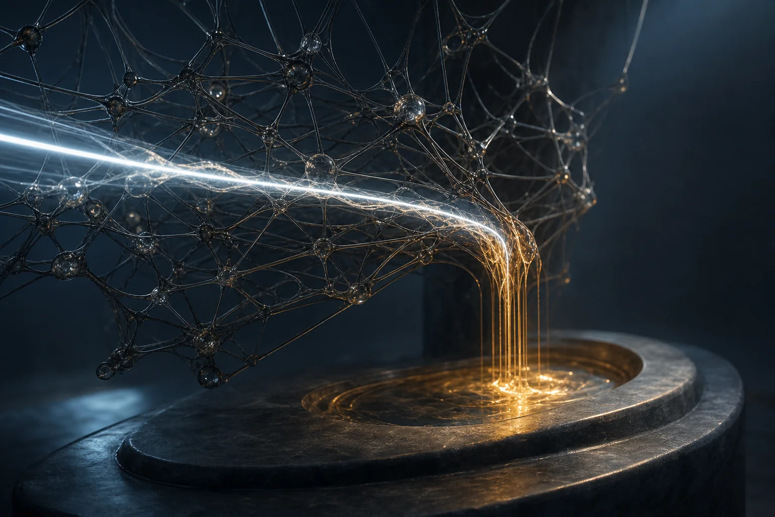 Abstract neural network mesh with glowing lines flowing into a circular basin on a dark background.