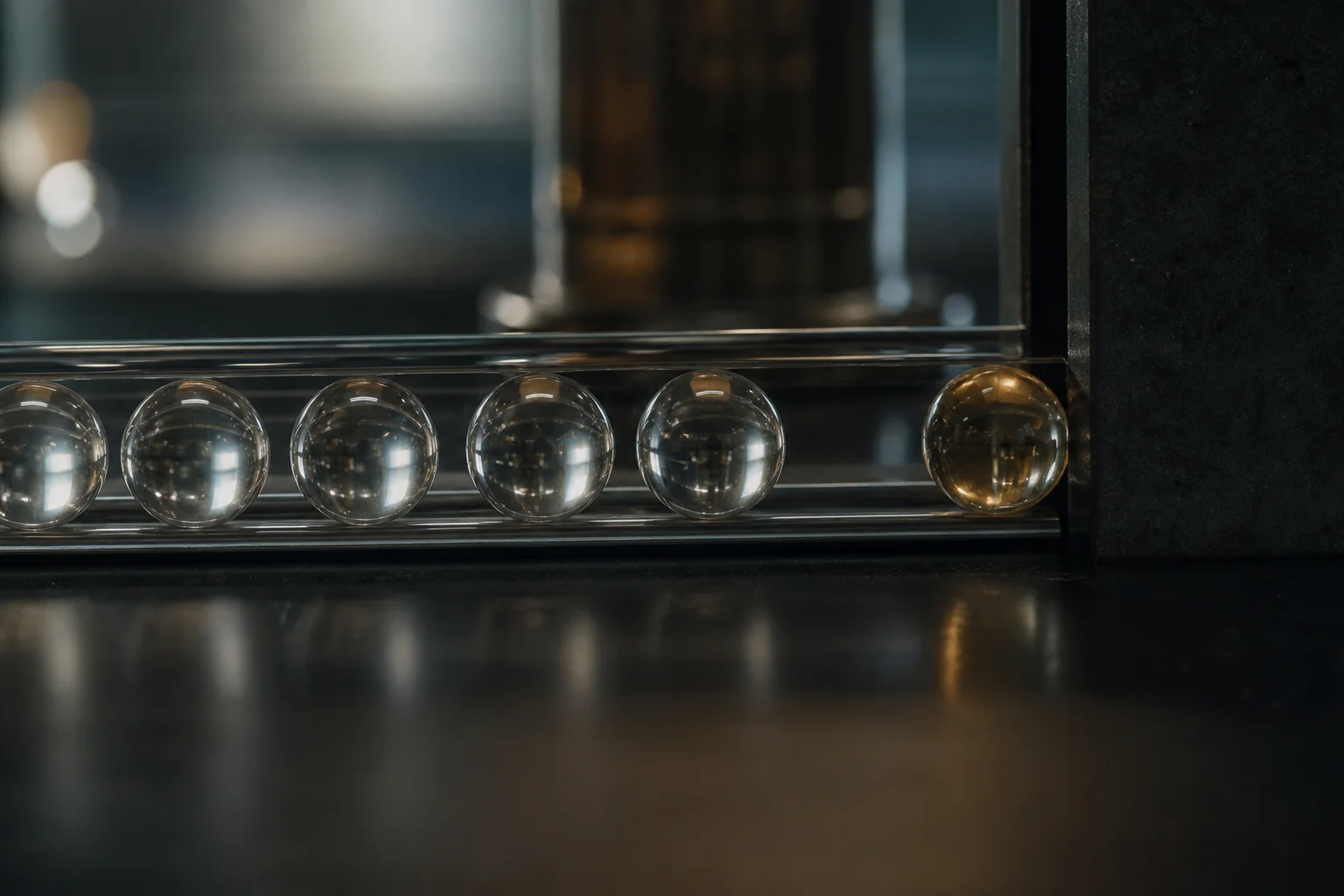 Glass spheres lined up on a track, with one amber sphere separated from the others in a dark reflective setting.