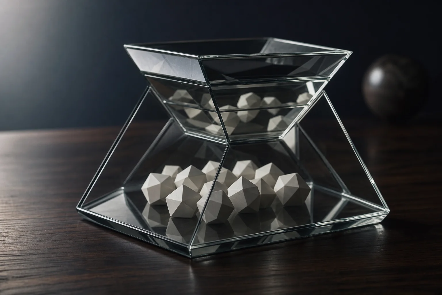 Glass hourglass-shaped container holding several faceted white polyhedra on a dark table.