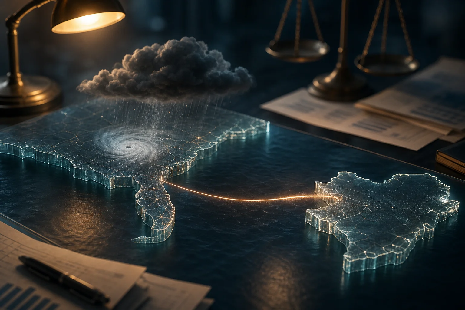 Glass map pieces beneath a storm cloud and hurricane swirl on a dark desk with scales and papers.
