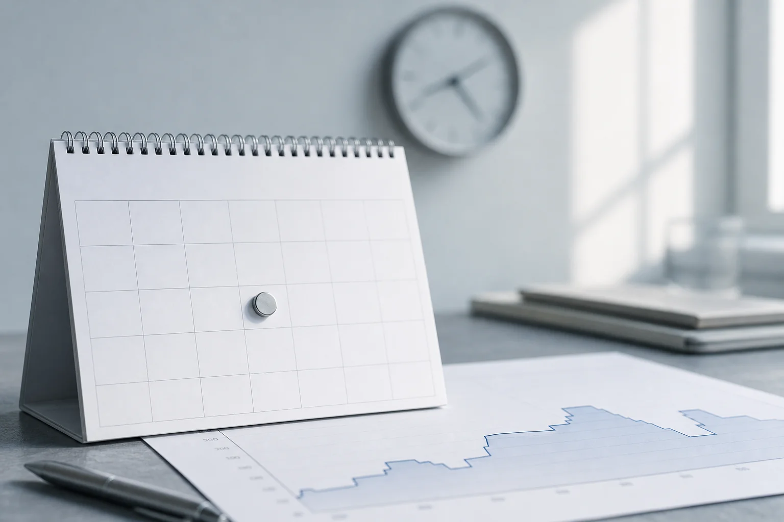 Desk calendar beside a chart printout and pen, with a wall clock blurred in the background.