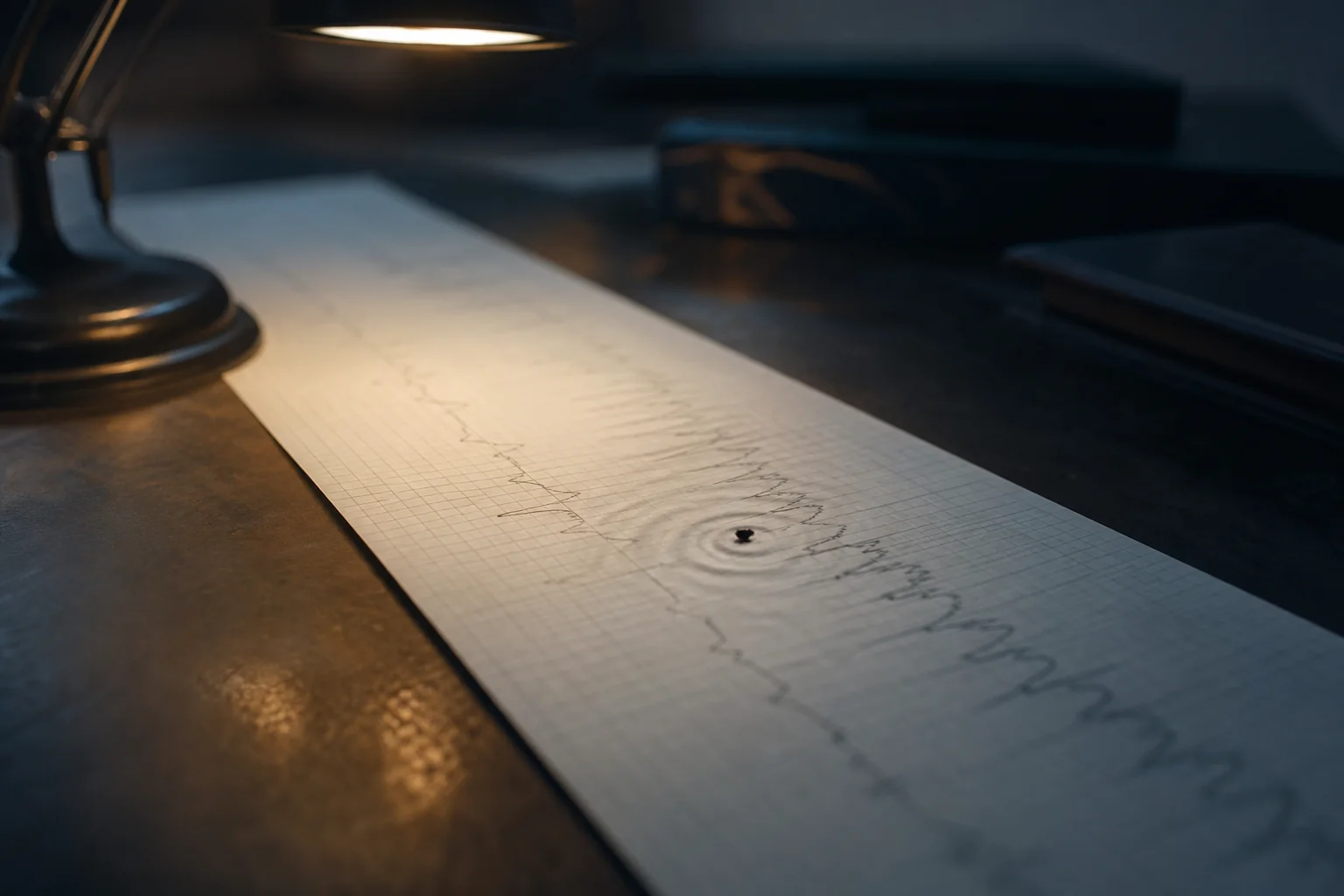 A seismograph paper strip with a waveform under a desk lamp on a dark table.