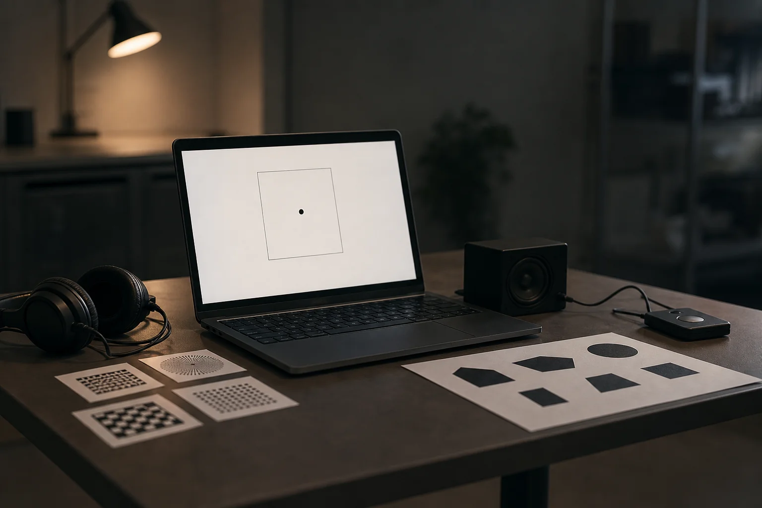 Laptop on a desk displays a simple target screen beside headphones, a speaker, and printed pattern cards.