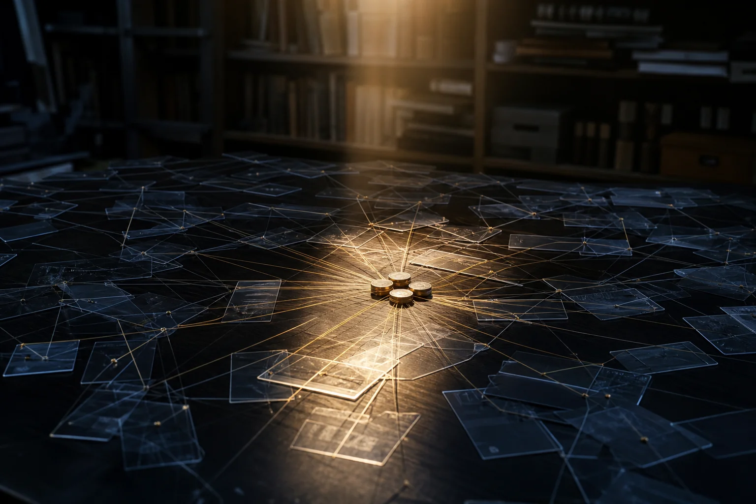 Coins on a dark table connected by many lines to scattered transparent cards in warm light.