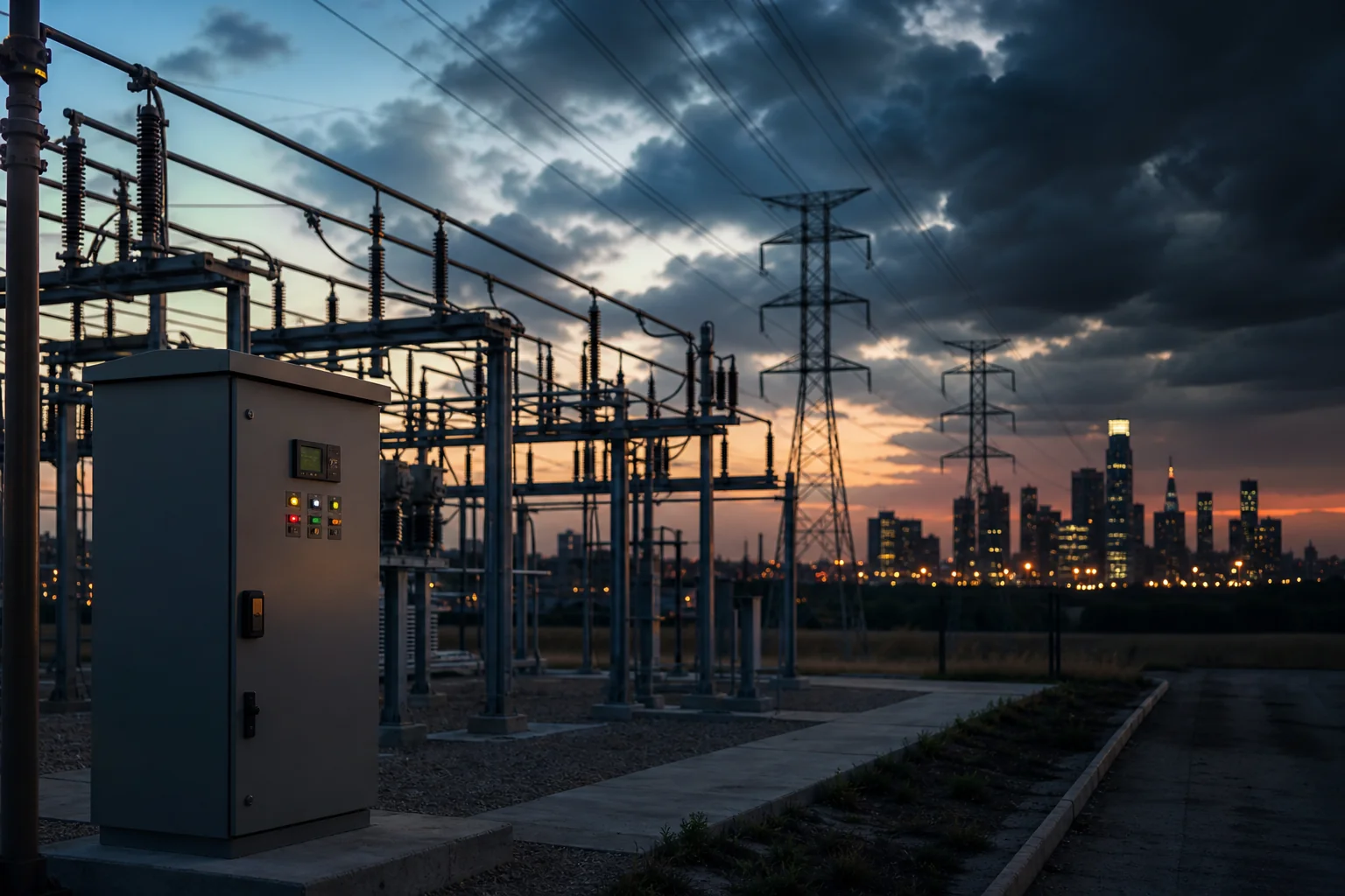 Electrical substation equipment and transmission towers at dusk with a city skyline in the background.