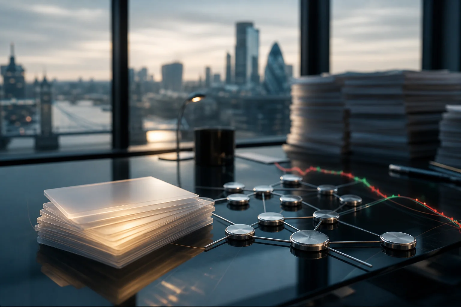 Stacks of translucent cards sit on a desk beside a network model, with a blurred city skyline beyond the window.