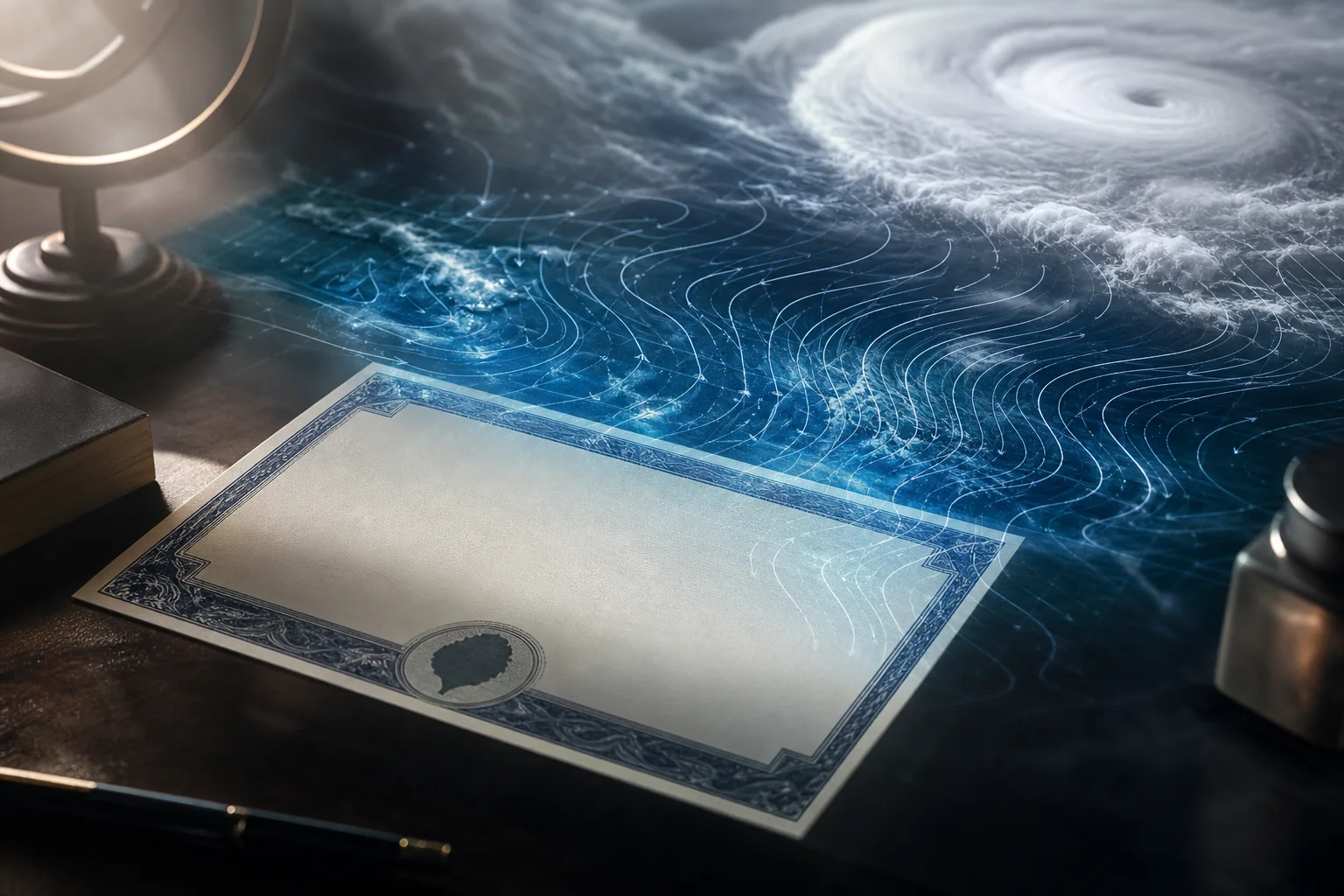 A blank decorative certificate lies on a desk beside a glowing hurricane illustration and weather map lines.