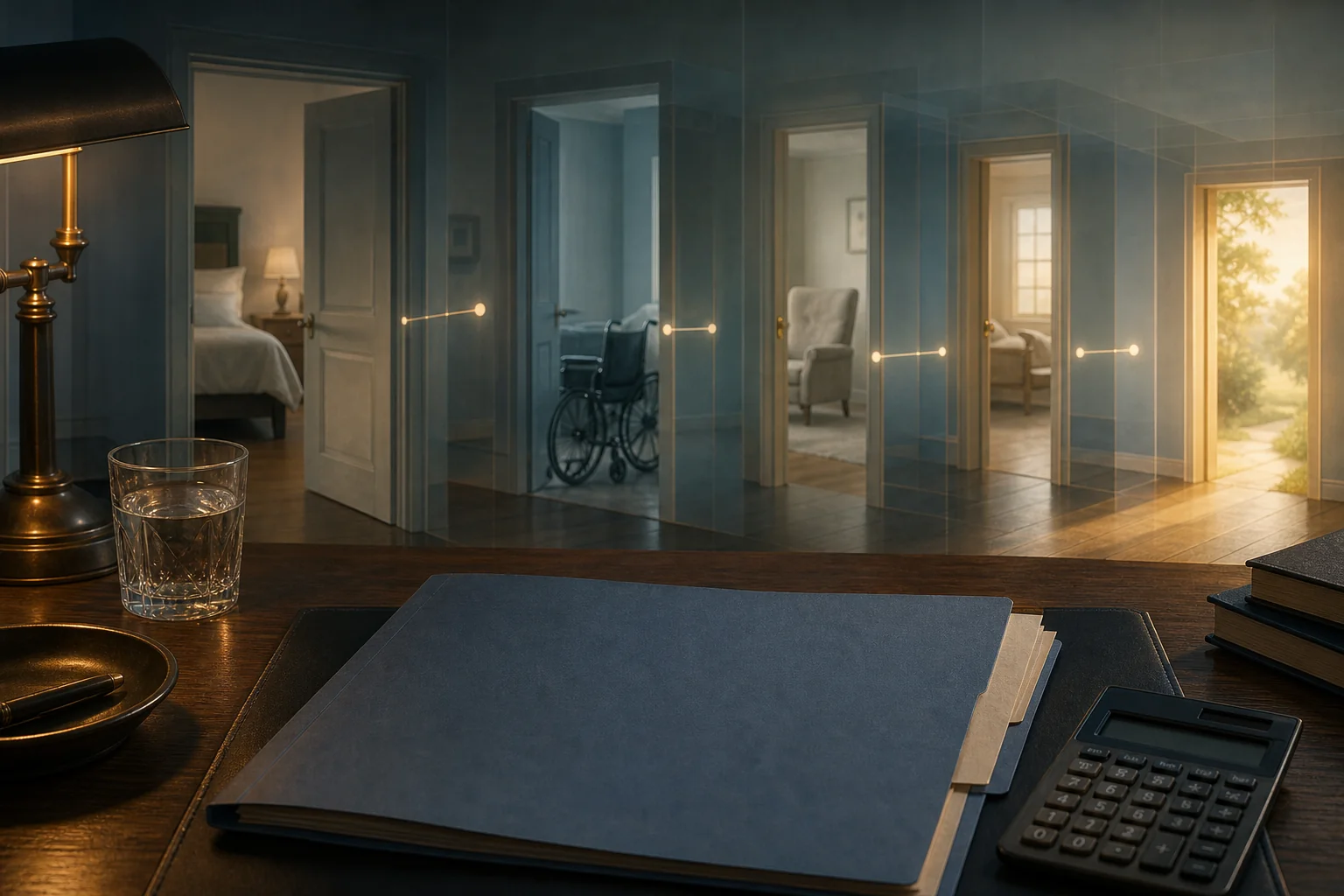 A desk with folders, calculator, and glass overlooks rooms with a wheelchair and warm light.
