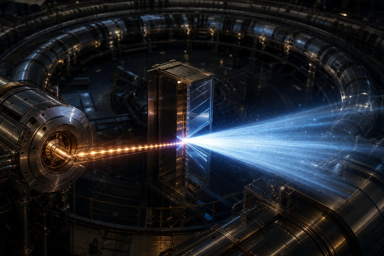 A glowing beam shoots through a metallic circular machine in a dark industrial chamber.