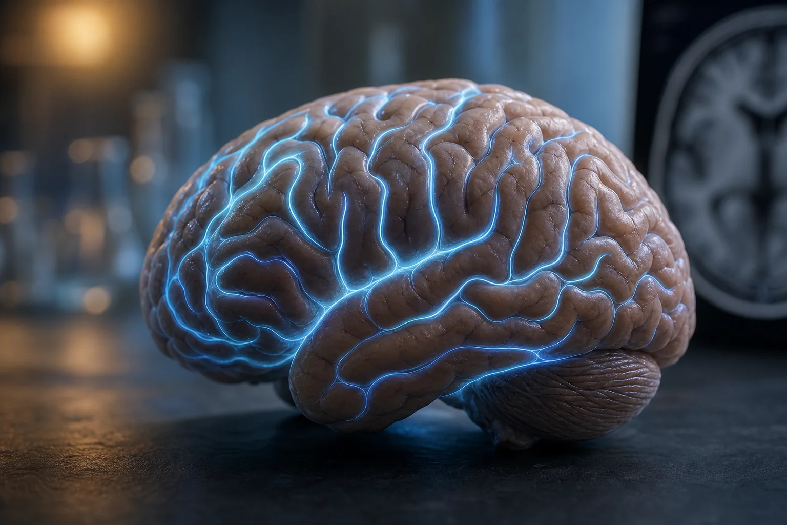 A realistic human brain on a dark surface, with glowing blue lines tracing the folds under soft studio lighting.