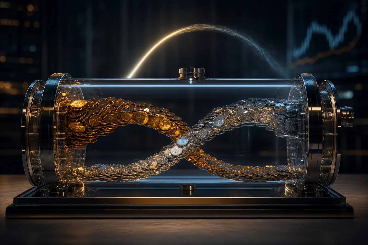 A glass cylinder filled with gold and silver coins twisting like a loop on a dark tabletop.