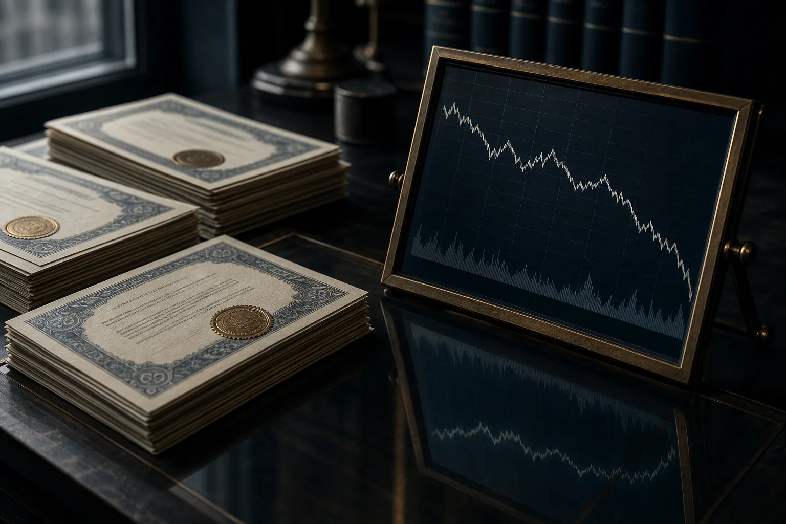 Stacks of ornate bond certificates sit beside a framed downward-trending market chart on a dark desk.