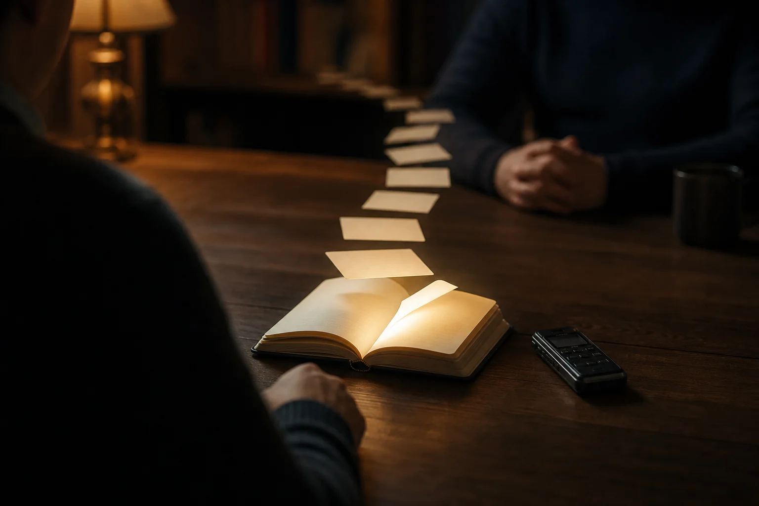 An open notebook on a wooden table with paper sheets rising between two seated people in warm lamplight.