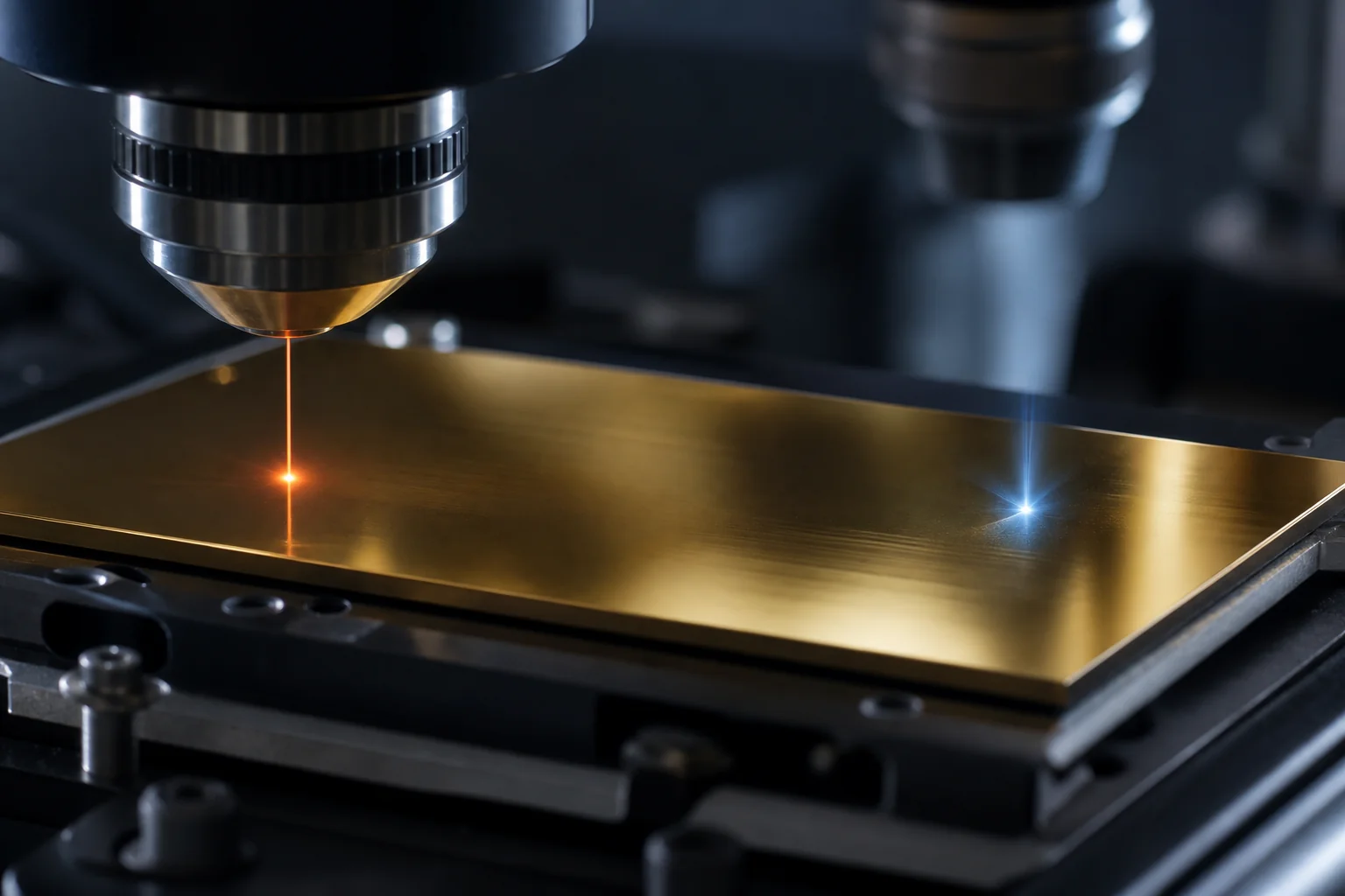 Microscope objective focuses a laser onto a gold-colored flat sample, with two glowing spots on the surface.