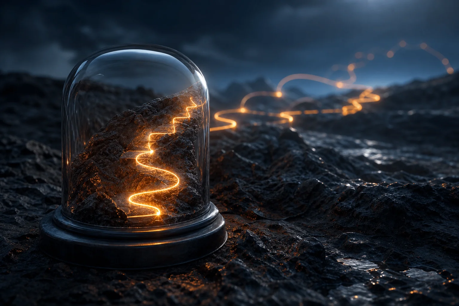 Glowing orange path inside a glass dome sits on dark rocky ground under a moody sky.