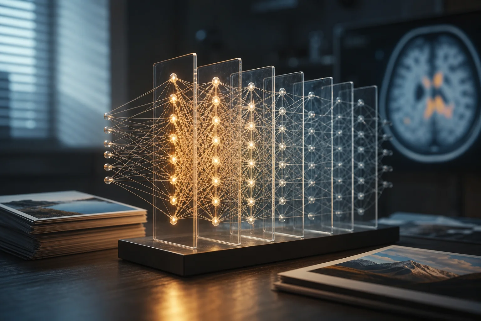 Transparent layered network model with glowing nodes on a desk beside stacked photographs, in a dim room.