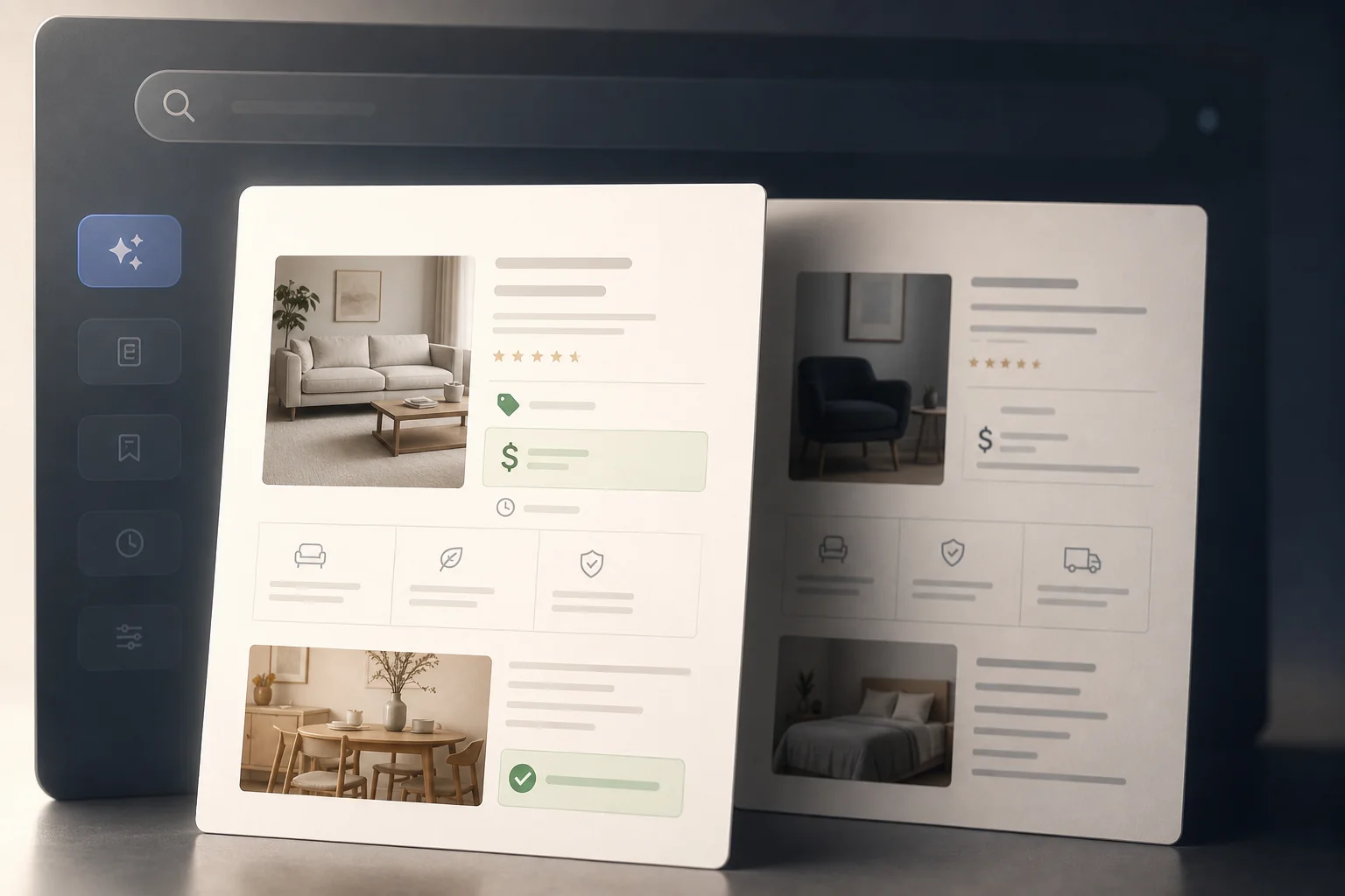 A dark app interface shows two product cards with home interior photos, rating stars, price tags, and sidebar icons.