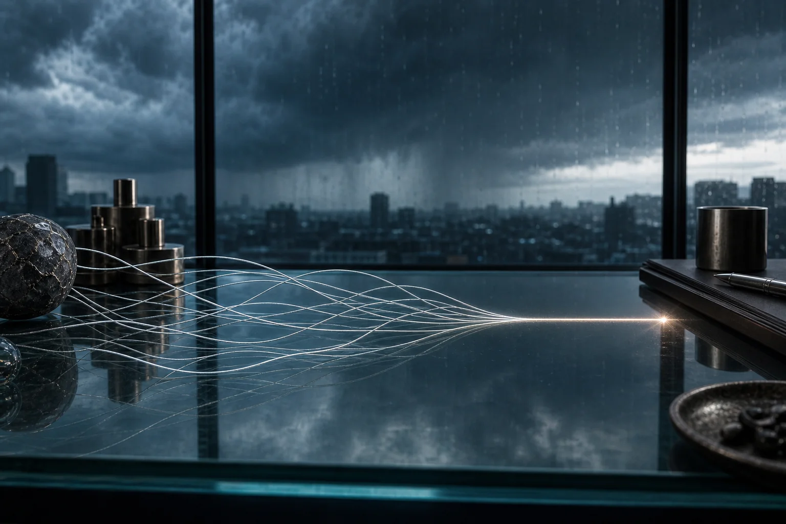 A glass desk with metallic objects and white flowing lines in front of a rainy city skyline.