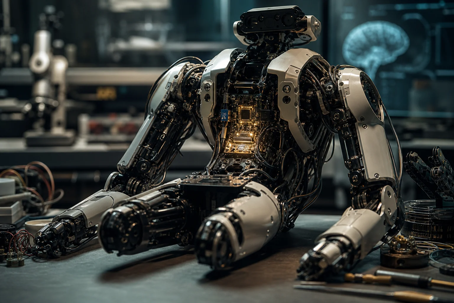 Humanoid robot torso and limbs on a workbench in a dim laboratory, with glowing circuitry inside.
