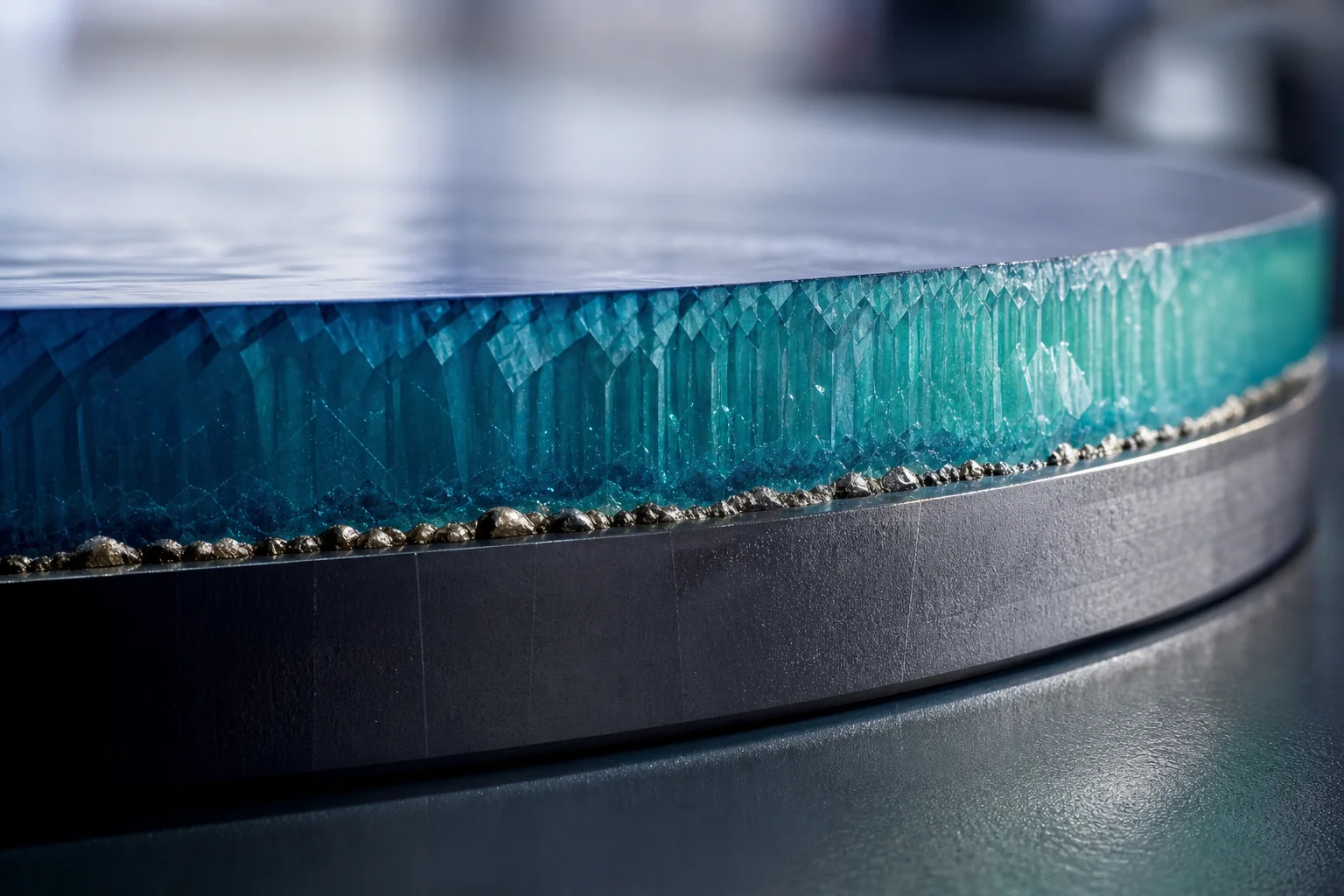 A close-up of a circular layered wafer with a turquoise crystalline band under bright lab lighting.