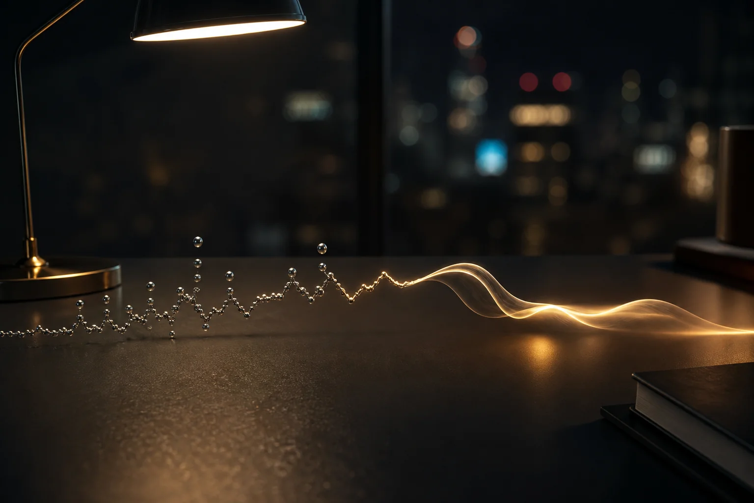 A desk lamp illuminates a dark tabletop with a glowing wavy line and floating metal spheres.
