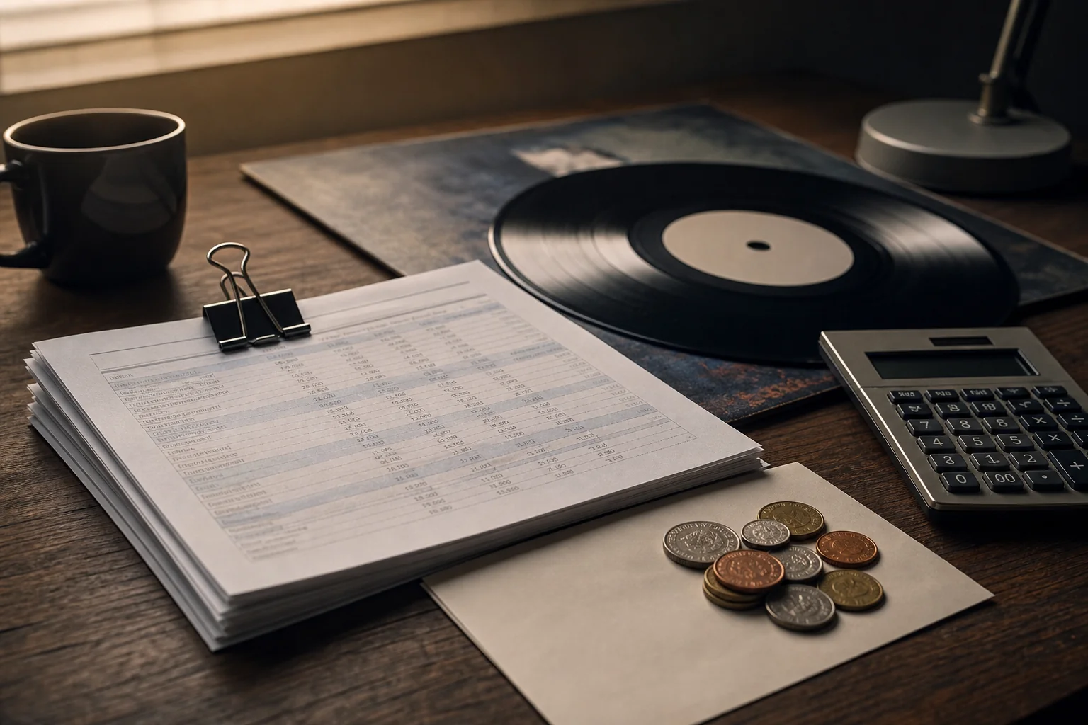 Vinyl record beside a calculator, stacked paperwork, and coins on a desk in warm light.