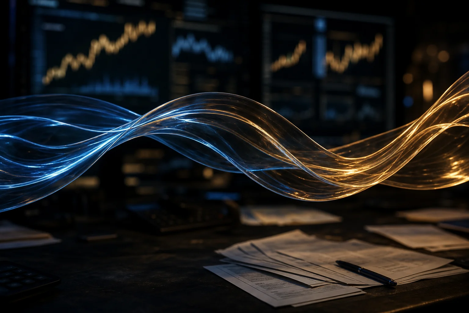 Glowing blue and gold wave-like ribbons stretch across a dark desk with papers and charts in the background.