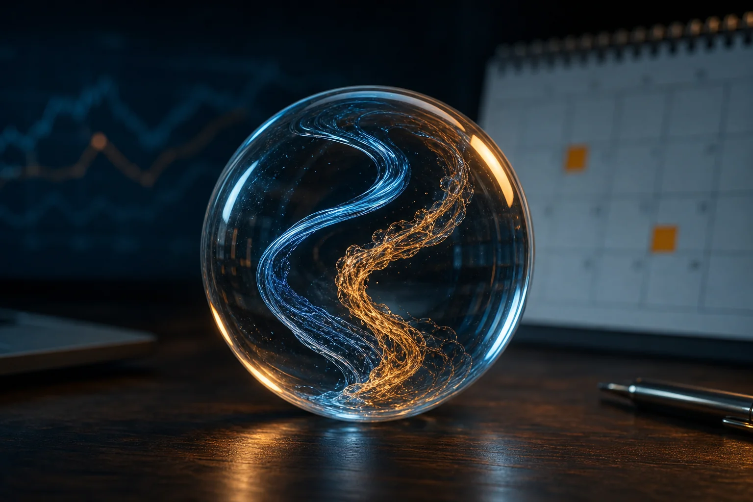 Glass orb on a desk with blue and orange swirling light trails, against a blurred calendar and chart background.