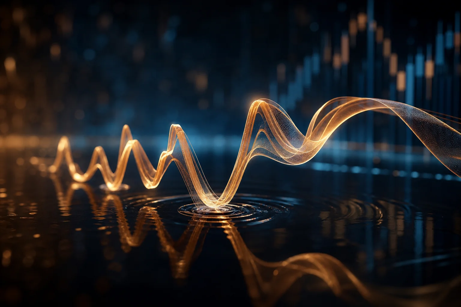 Glowing golden waveform arcs across a dark reflective surface with blurred blue lights behind it.