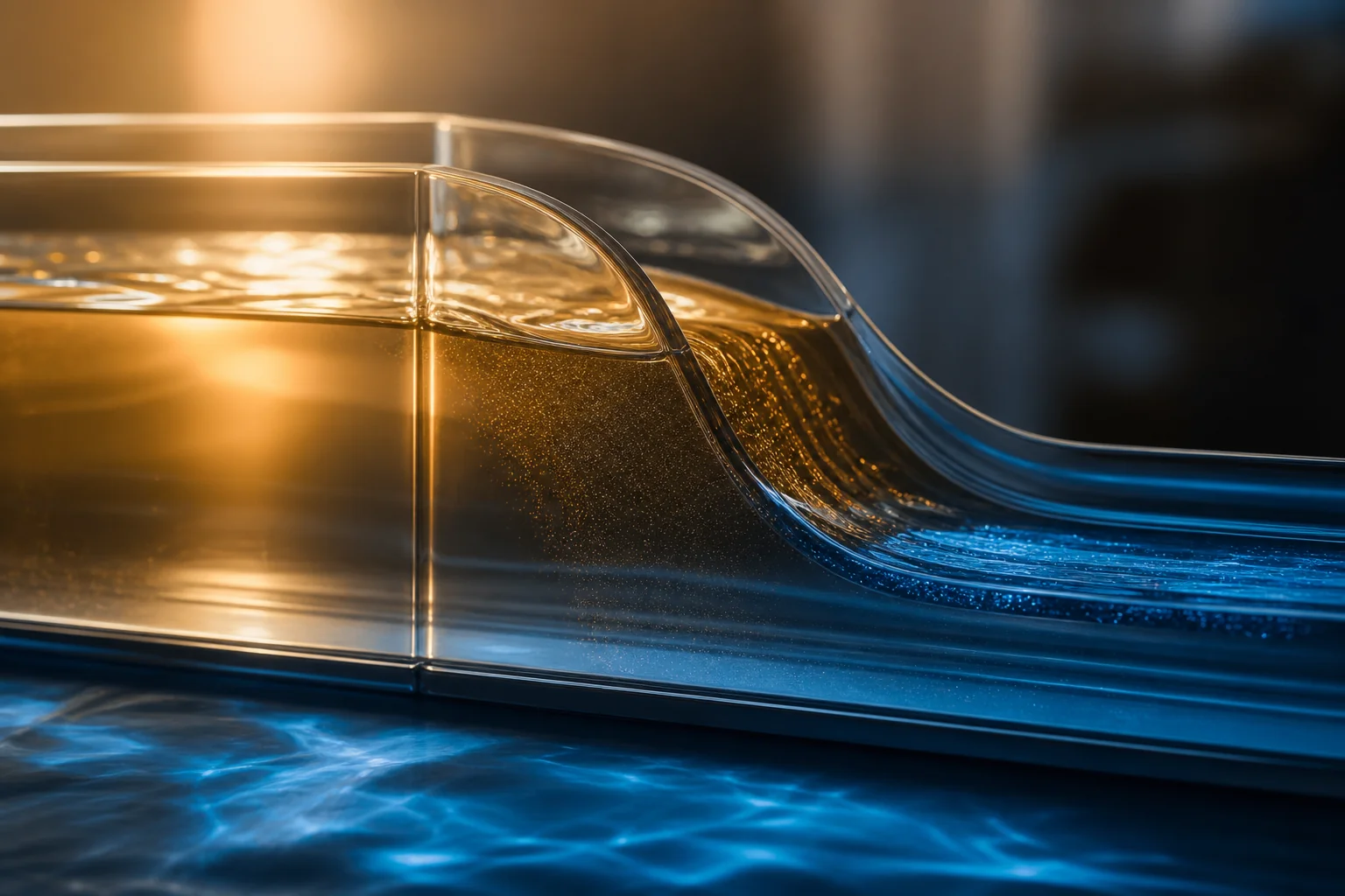 Glass channel with a gold liquid flowing into a blue pool, lit dramatically against a dark background.