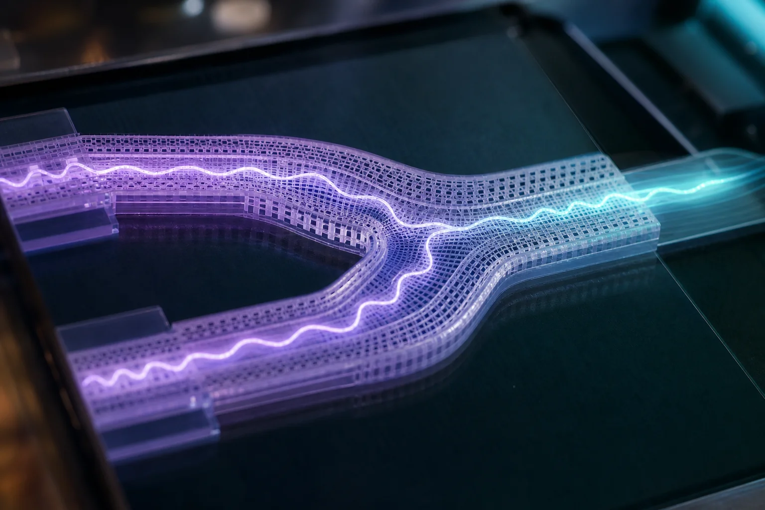 Glowing purple and cyan wave paths split and recombine inside a transparent Y-shaped chip on a dark surface.