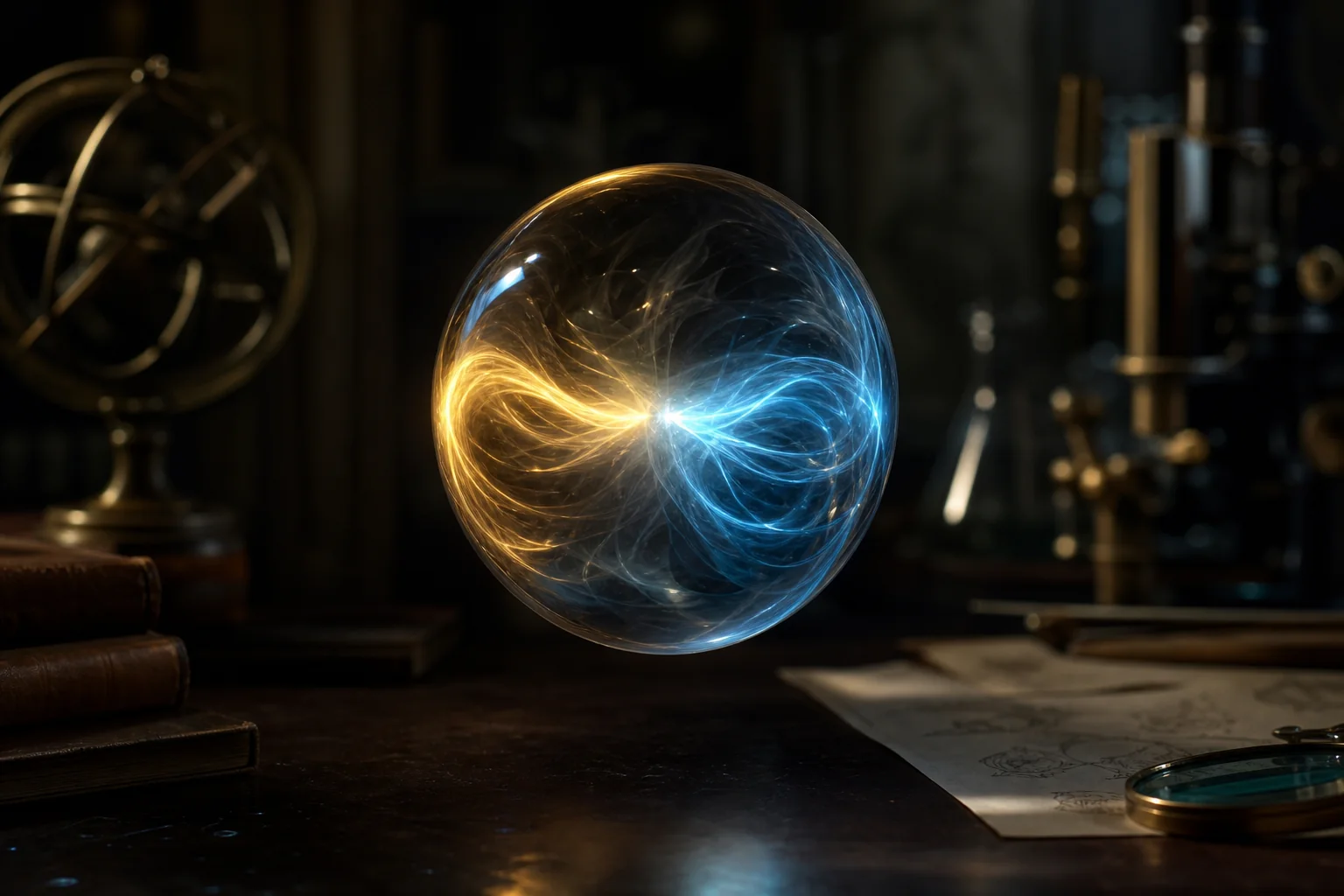 Glowing blue and gold orb floating above a dark desk with books and papers in the background.