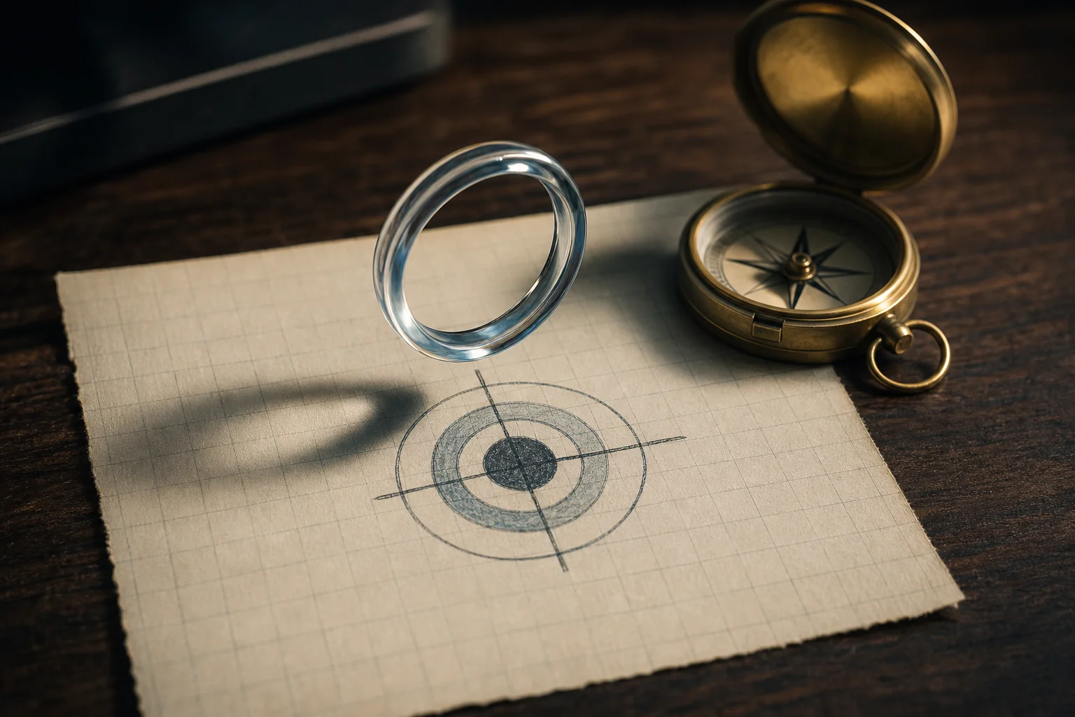 A compass, magnifying ring, and sketched target sit on graph paper on a wooden desk.