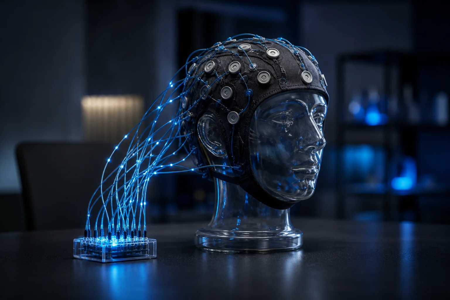 Clear mannequin head wearing an EEG cap with glowing blue wires in a dark lab setting.