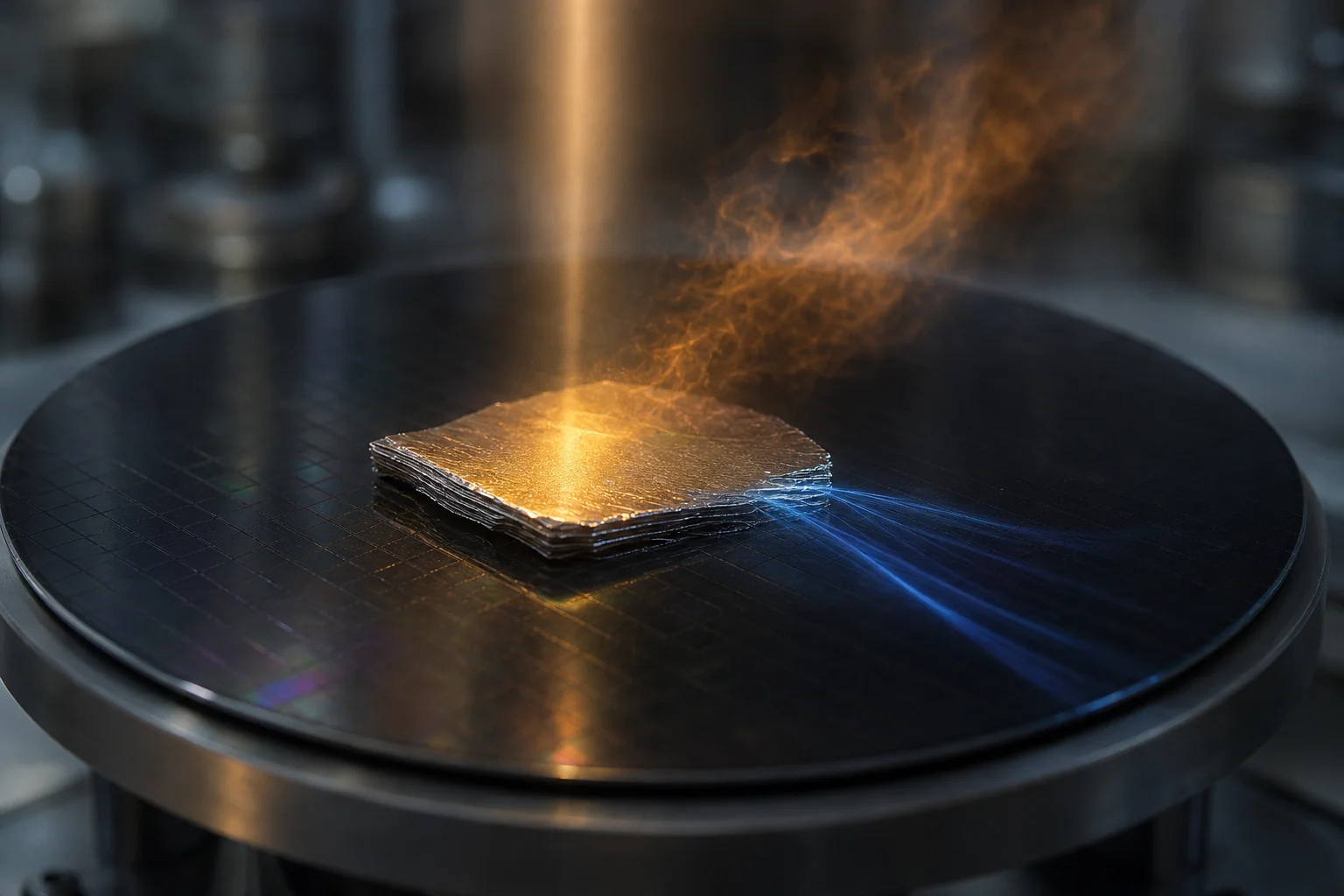 A stacked metallic sample on a black platform glows under a vertical beam with orange and blue light streaks.