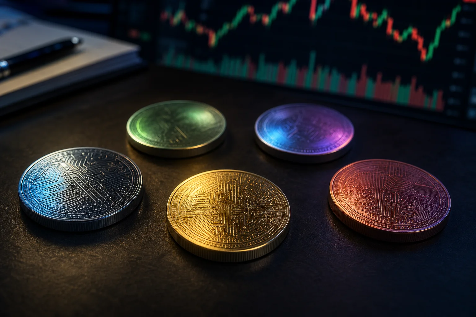 Five metallic crypto coins on a dark desk with a blurred trading chart in the background.