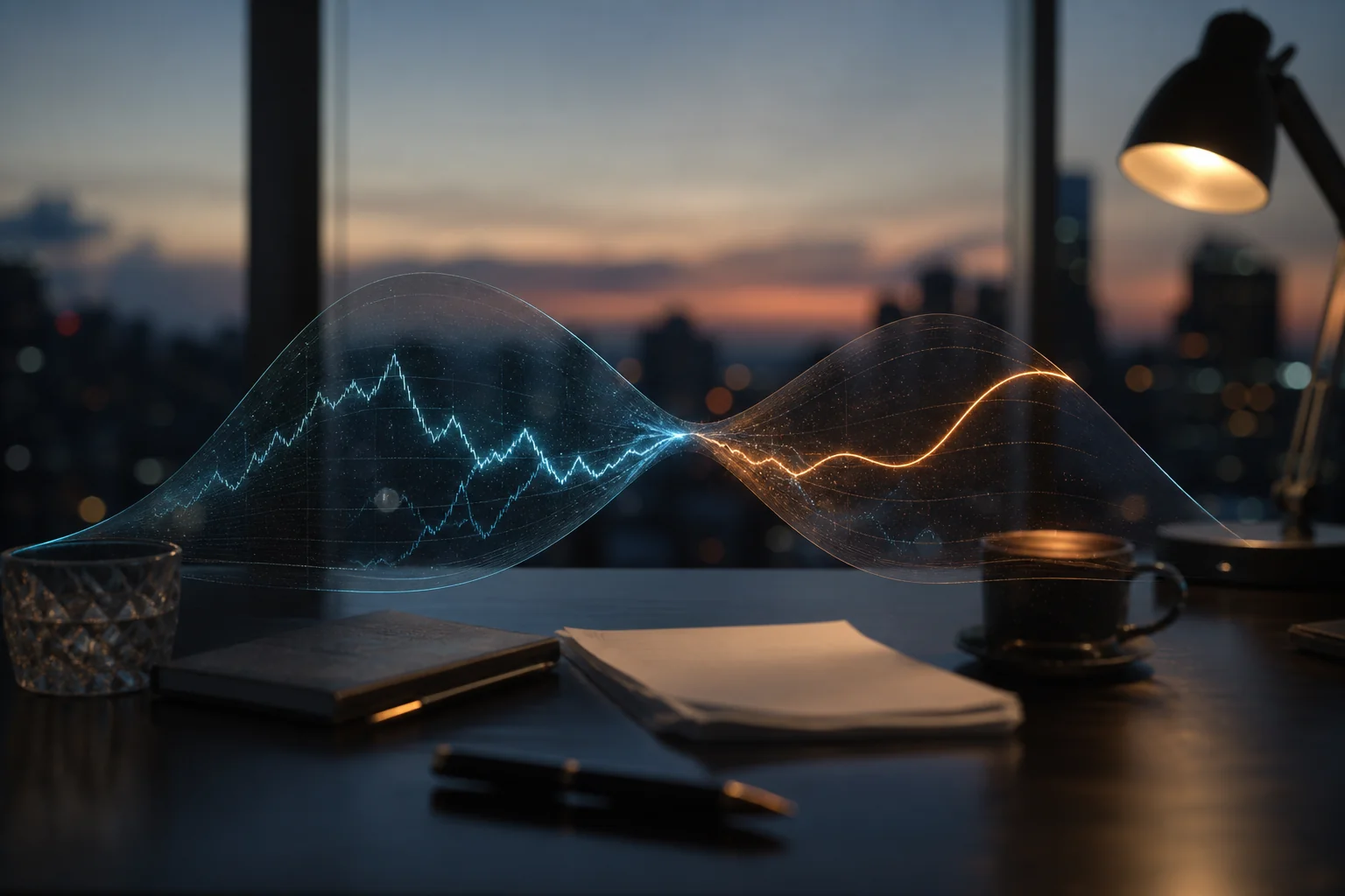 Desk by a window at dusk with a glowing blue and orange market-style wave graphic floating above it.