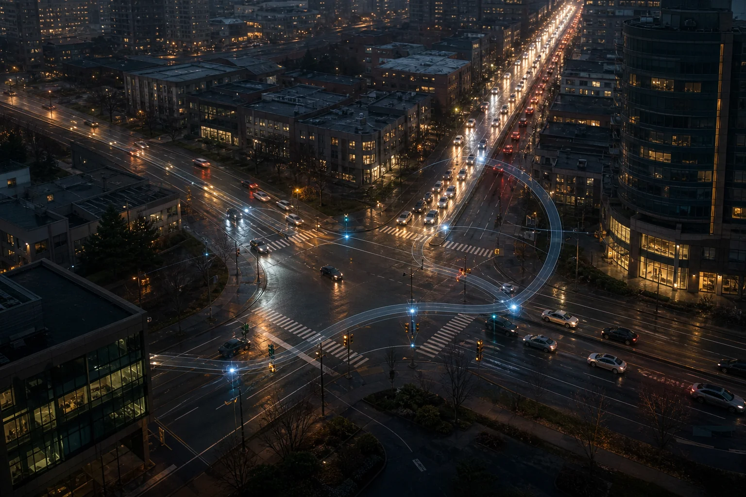 Aerial view of a rainy city intersection with cars, lit buildings, and glowing traffic lanes at dusk.
