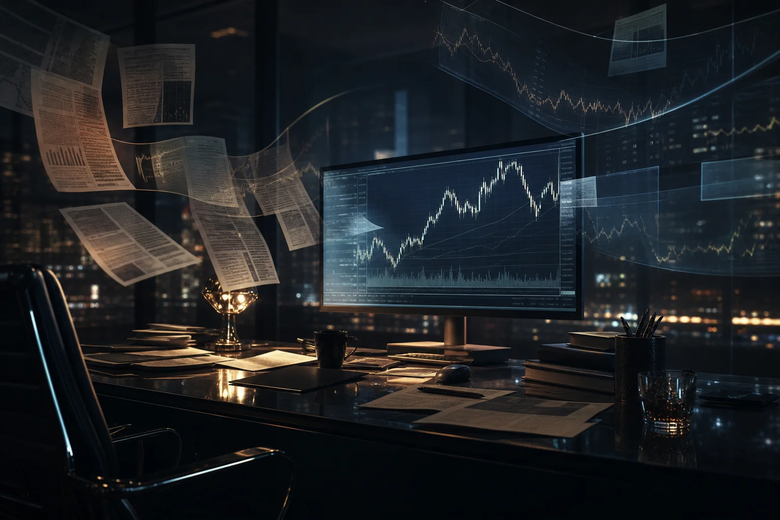 A dark office desk with floating financial pages and stock charts on a glowing monitor at night.