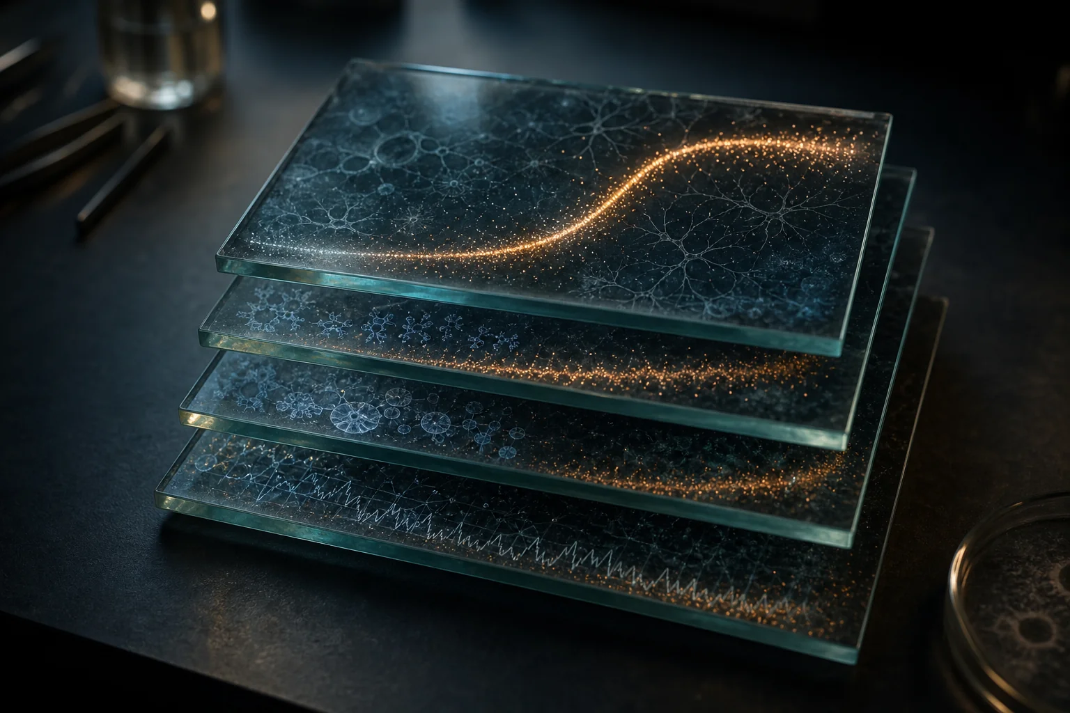 Four glass panels stacked on a dark table, each showing faint network patterns and glowing orange curves.