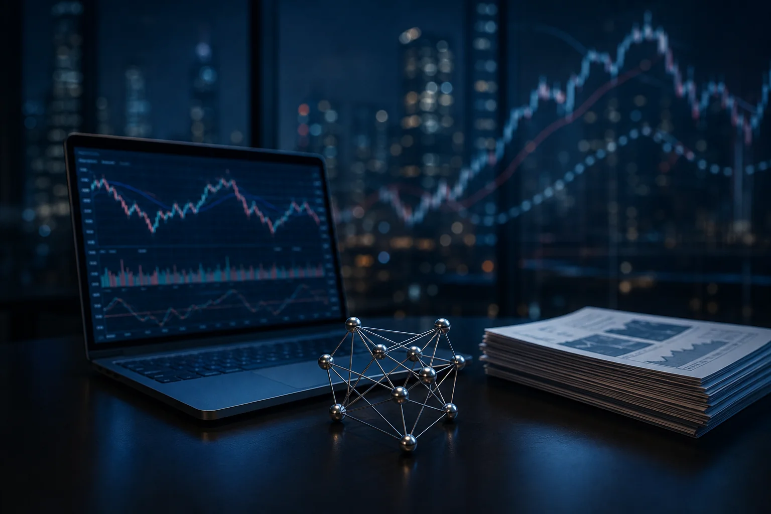 Laptop with stock charts, a metal molecular model, and stacked papers on a dark desk.
