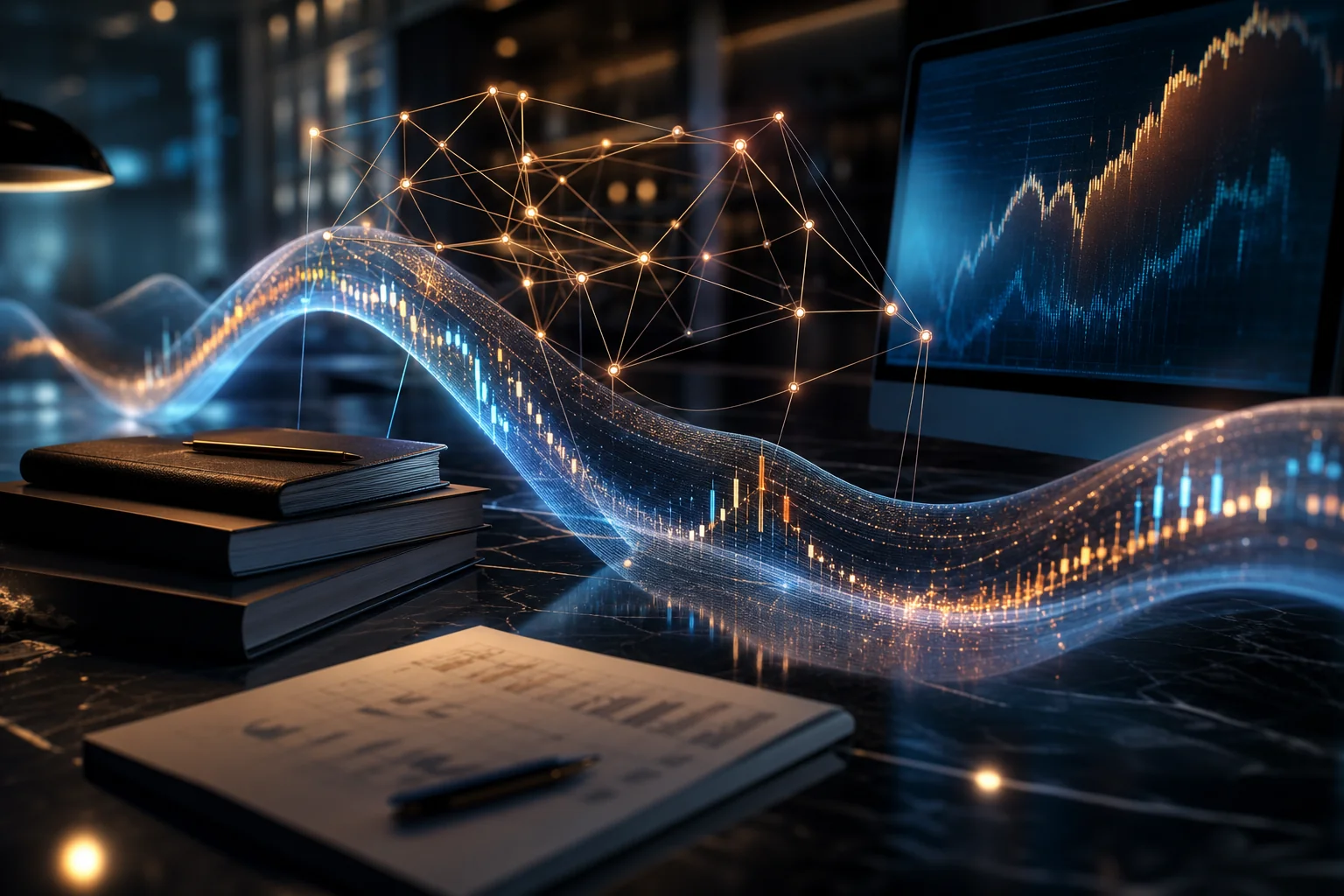 Glowing data curves and a network mesh hover over books and a desk beside a computer monitor with stock charts.
