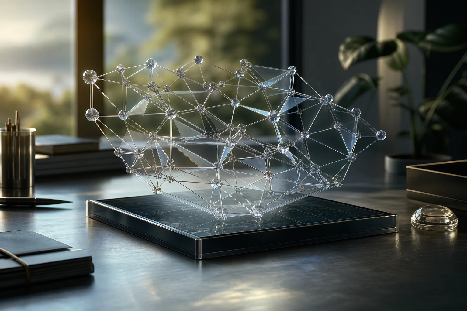 Transparent wireframe lattice of connected spheres floating above a dark tabletop in a softly lit office.