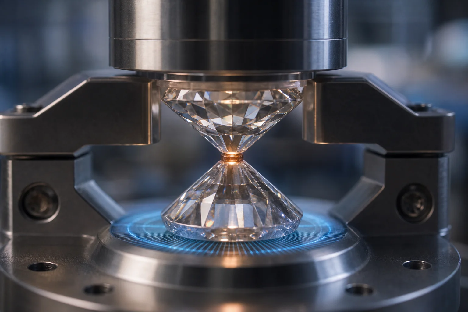 Diamond anvil cell with two faceted diamonds pressing together under a metal frame, lit by cool blue light.
